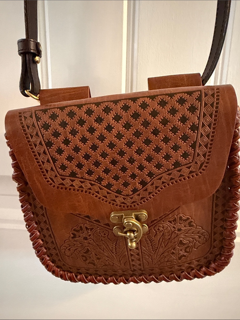 Leather Laser-Cut Crossbody Bag in Brown